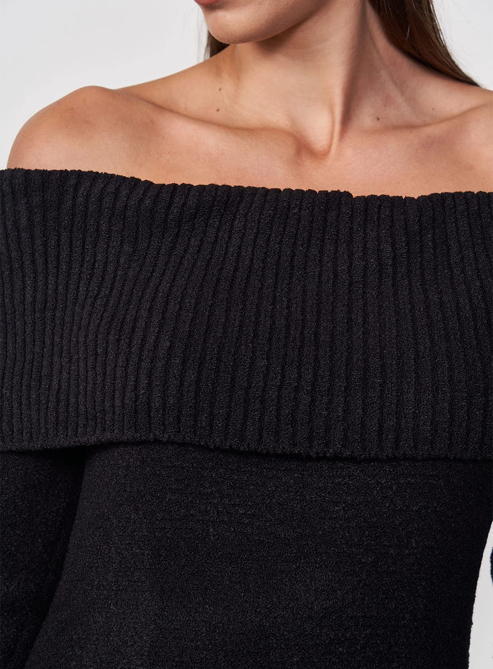 Vestido Tricô Longo Ombro A Ombro Com Sobreposição Preto
