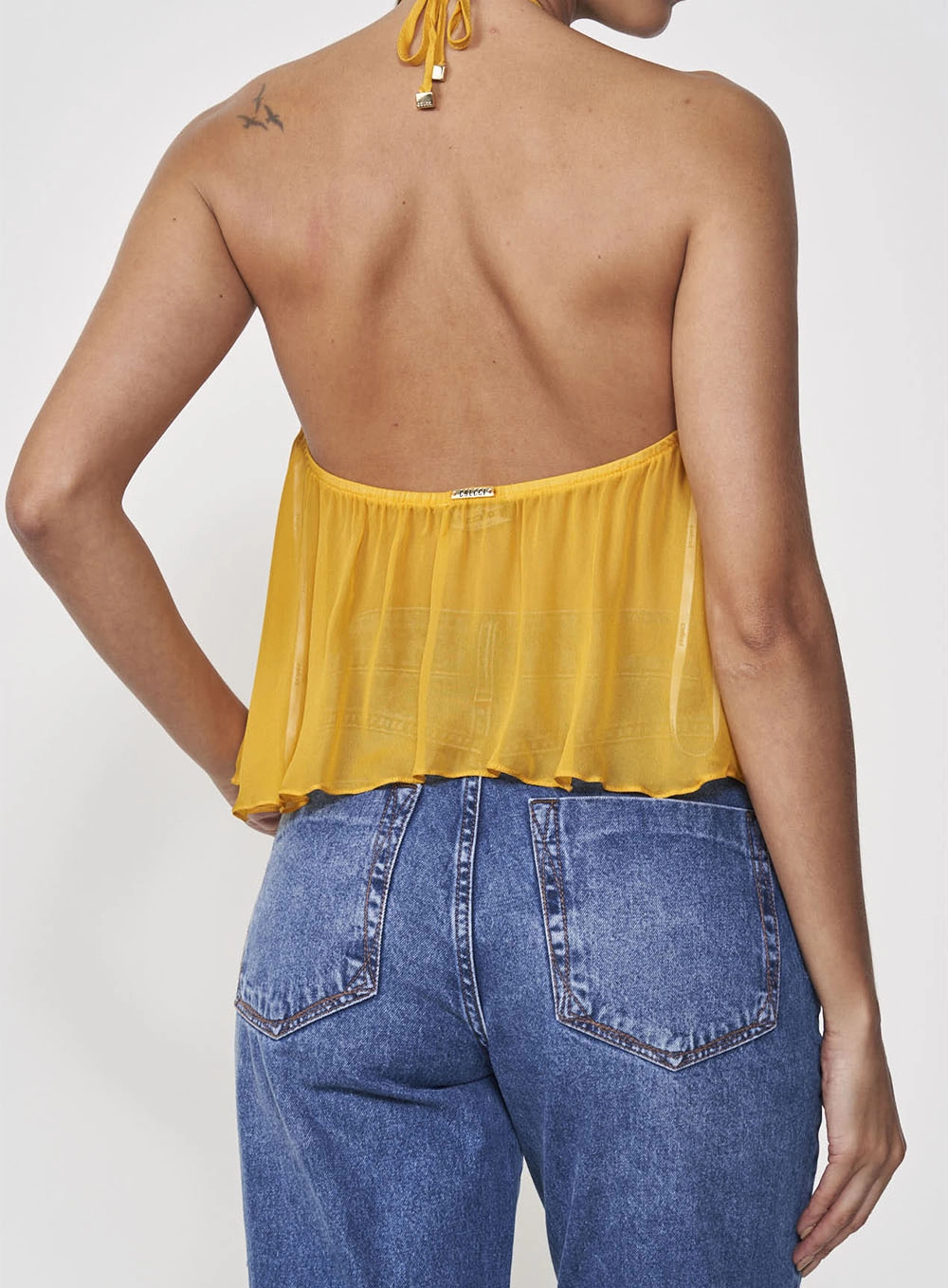 Top Halter Fluído Com Arco Metalizado Amarelo Sunray
