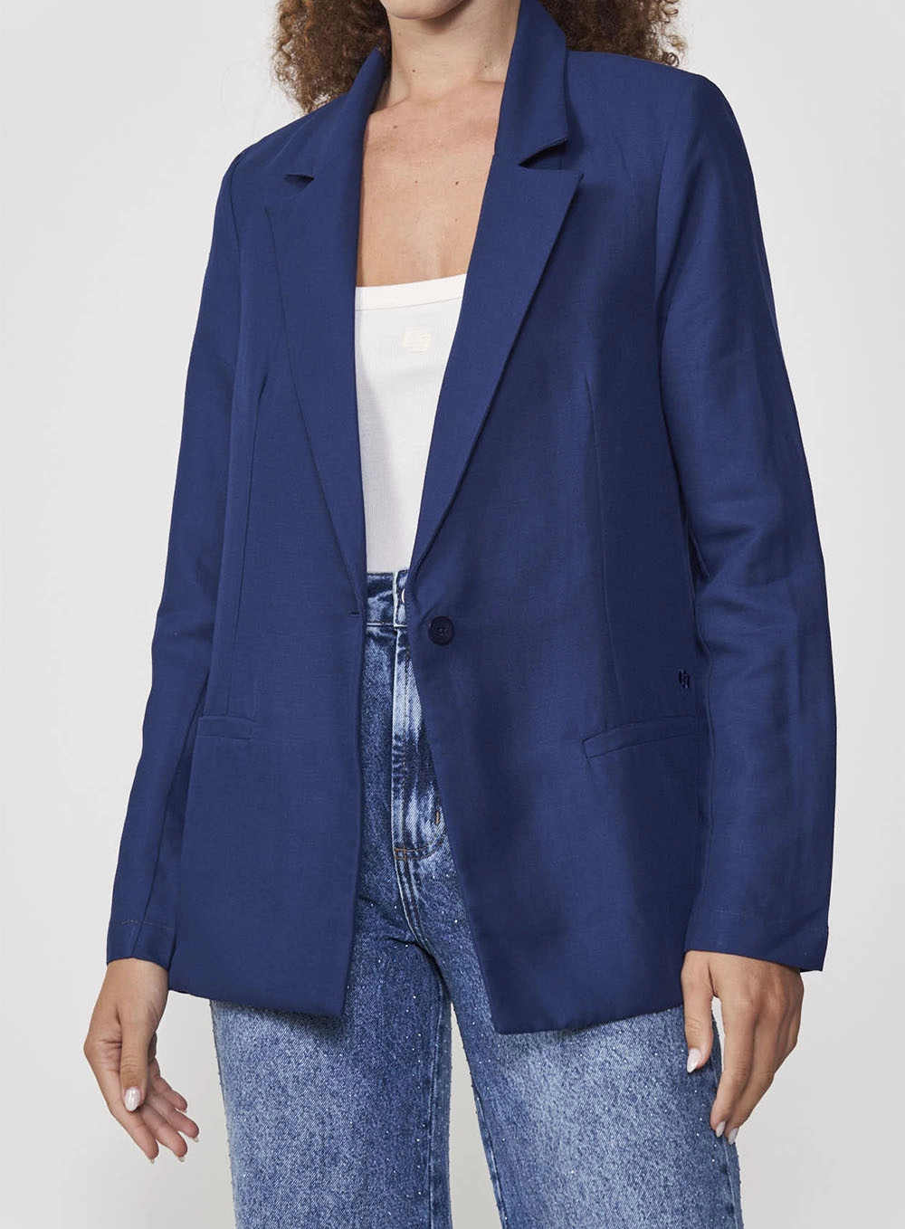 Blazer Feminino Alongado Em Linho Azul Darkness