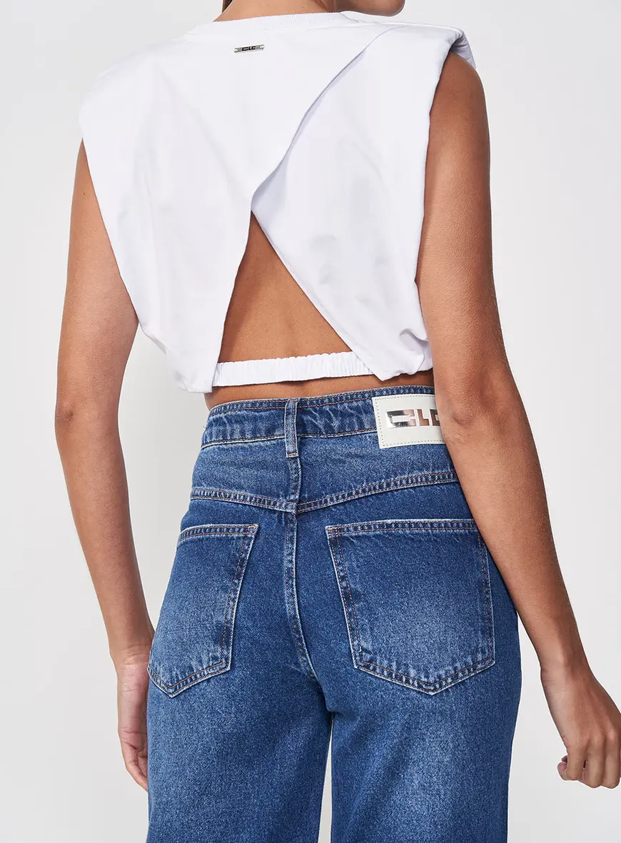 Cropped Comfort Fashion Com Ombreiras E Recortes Branco 2
