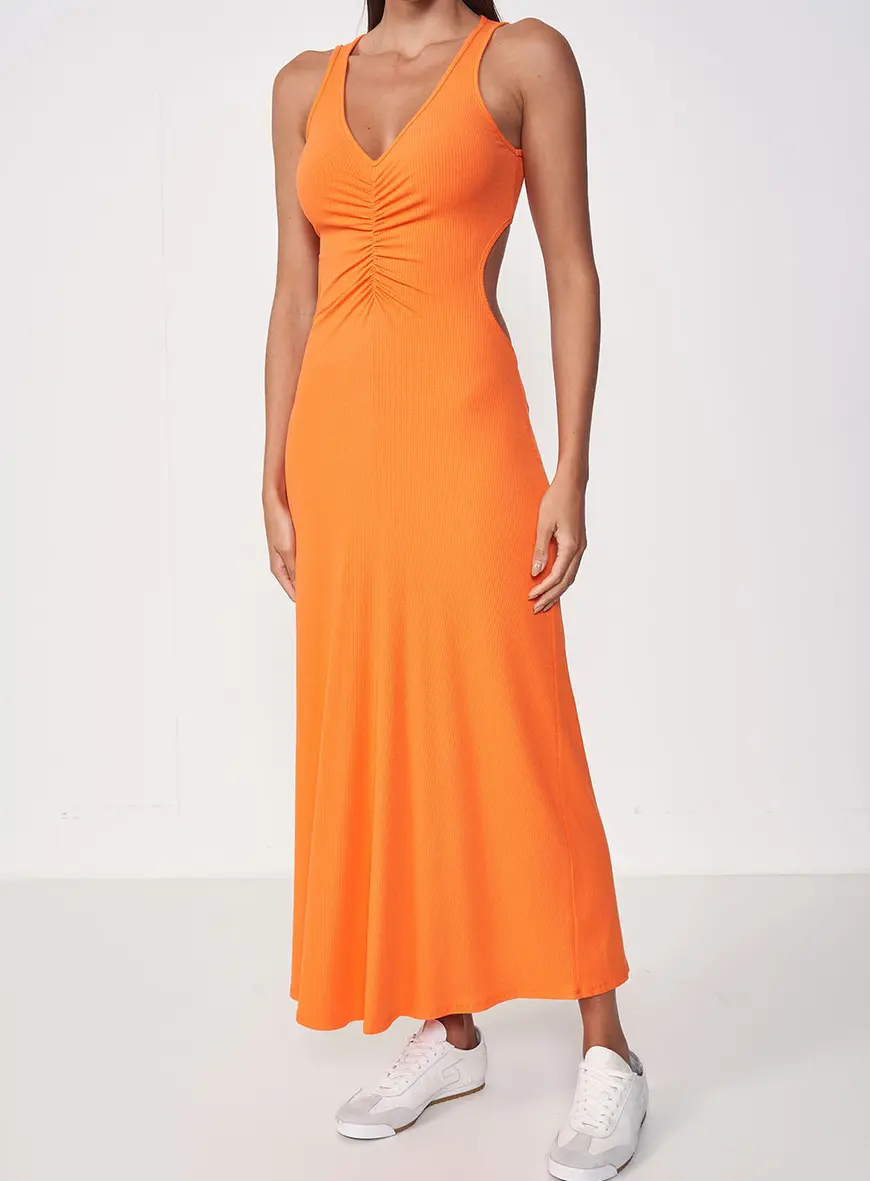 Vestido Recorte Lateral Decote V Com Pregas Laranja 1