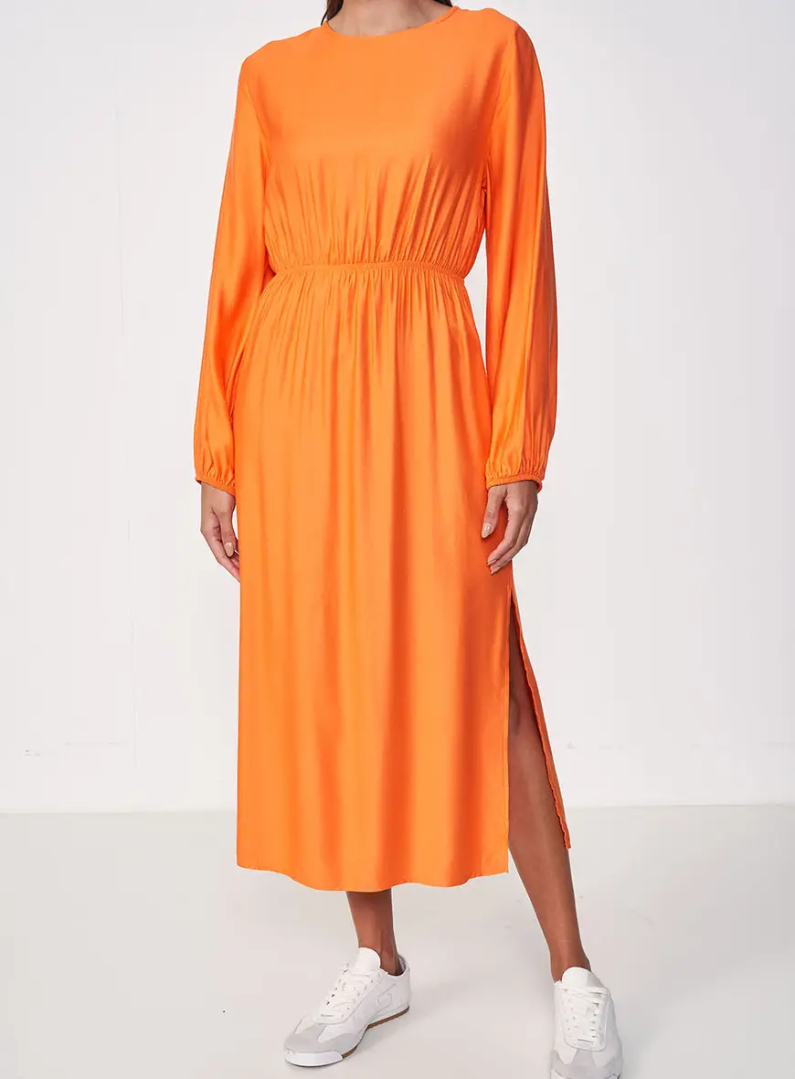 Vestido Comfort Manga Longa Acinturado Laranja 1