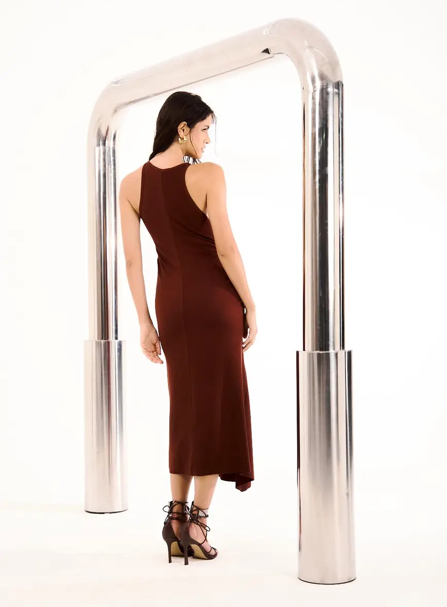 Vestido Midi Com Drapeado Lateral Marrom Terracota 3