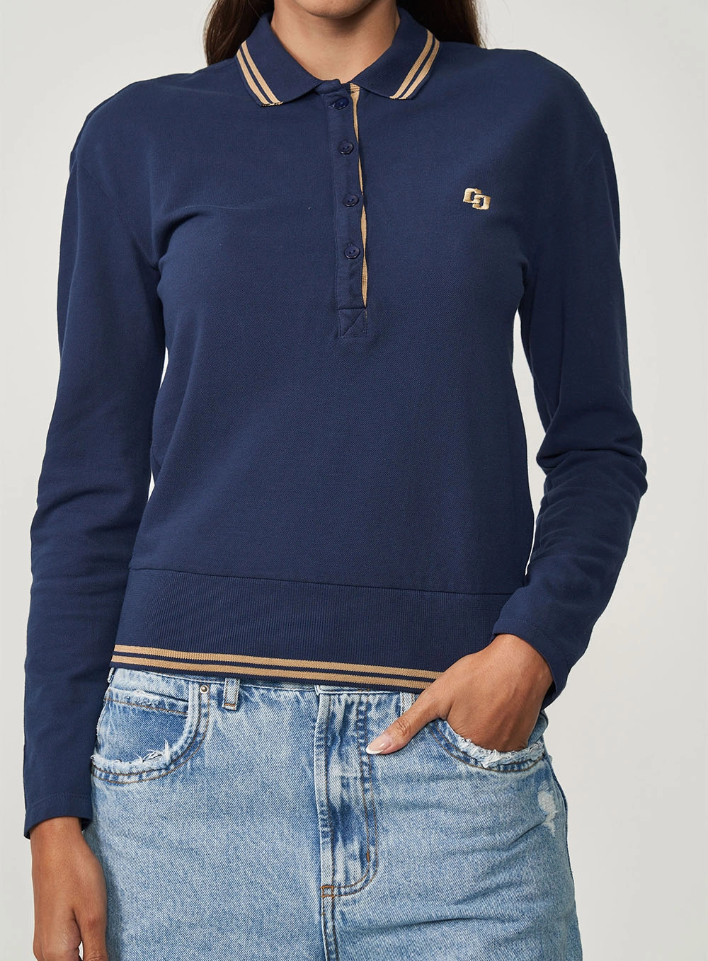 Polo Feminina Comfort Manga Longa Azul Darkness