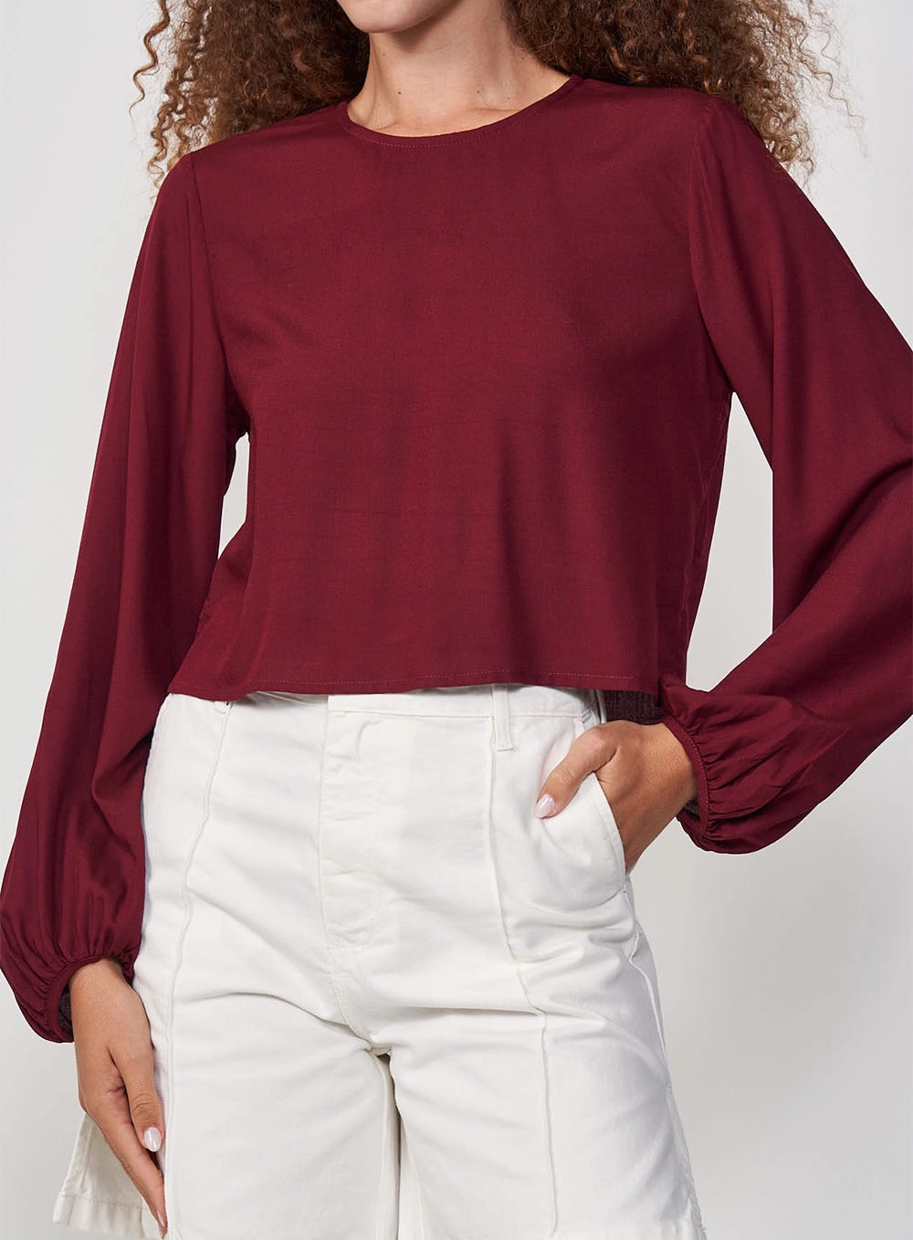 Blusa Solta Mangas Bufantes Bordô Bloodstone