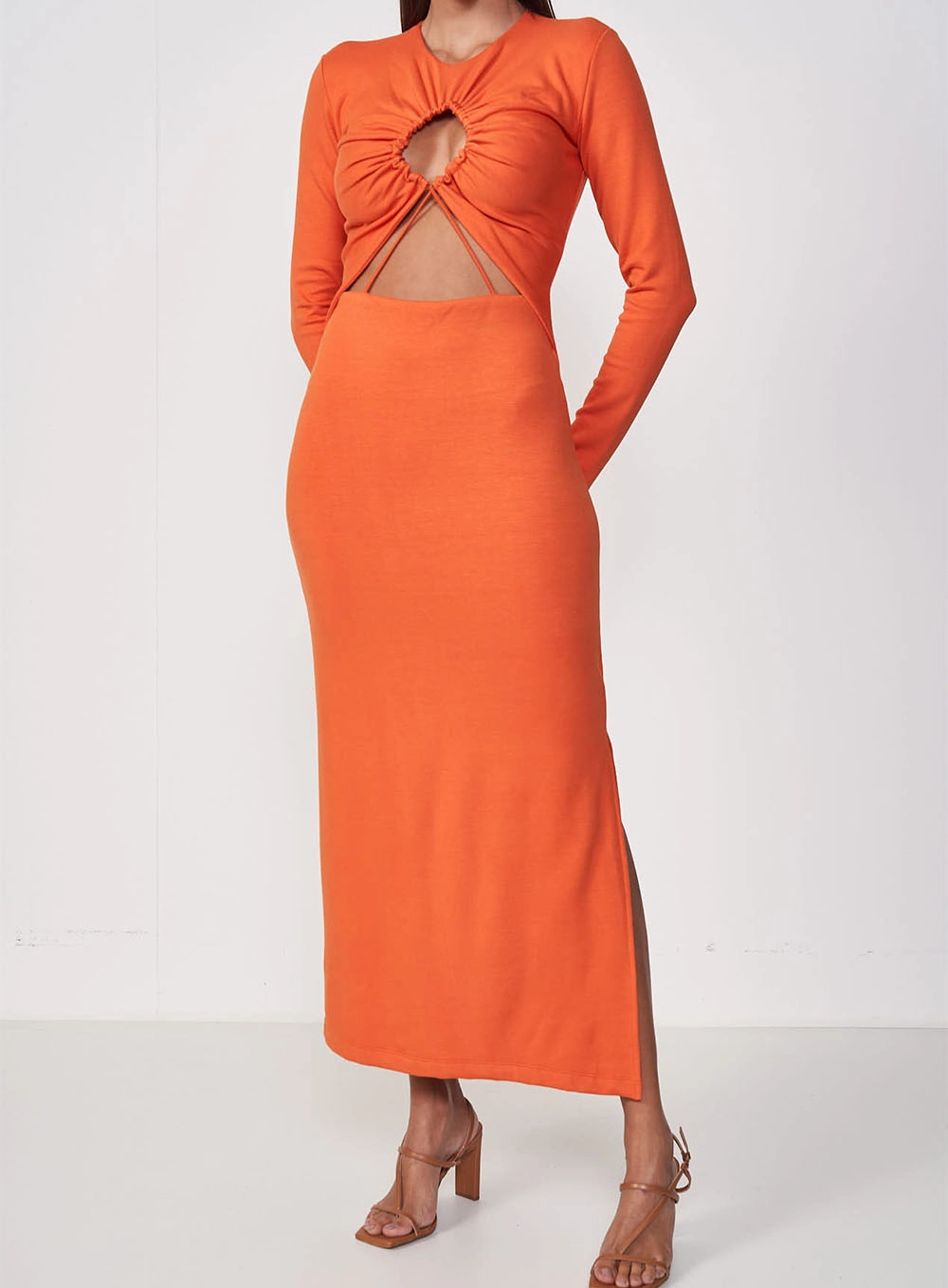 Vestido Midi Decote Com Recortes E Franzido Laranja