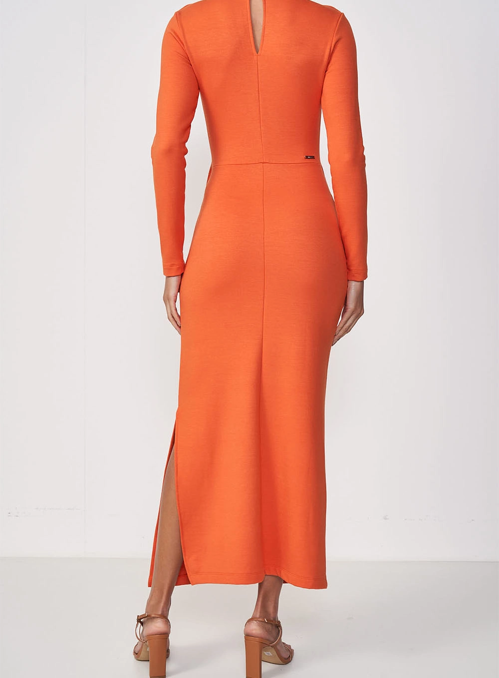 Vestido Midi Decote Com Recortes E Franzido Laranja