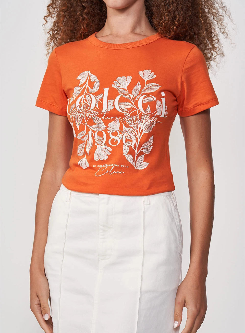 Camiseta Algodão Estampa Floral Logo 1986 Laranja