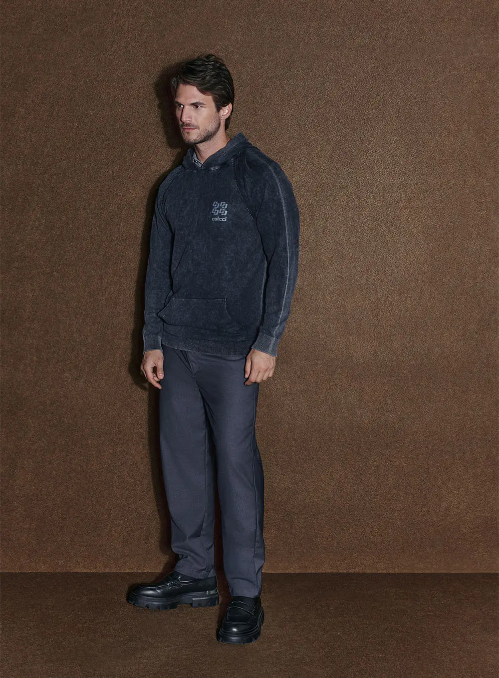 Suéter Masculino Tricô Com Capuz E Bolsos Frontais Preto