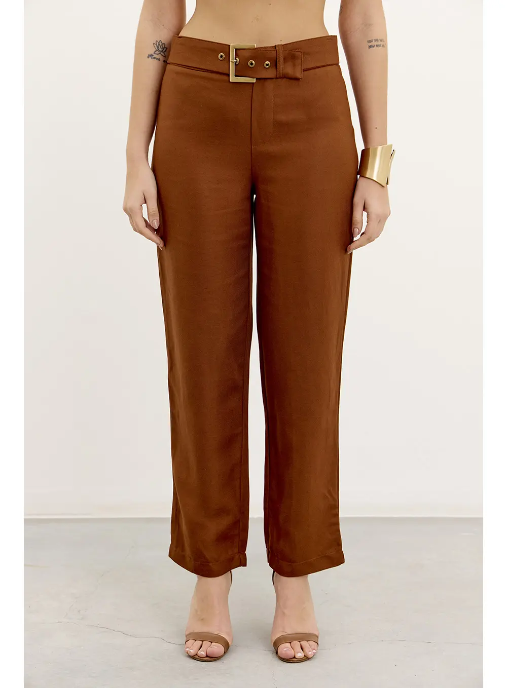 Calça Feminina Reta Linho Marrom 1