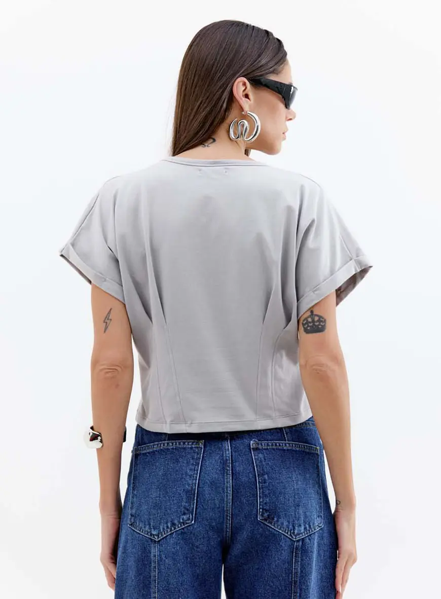 Blusa Feminina Manga Curta Com Pences Cinza Girs 3