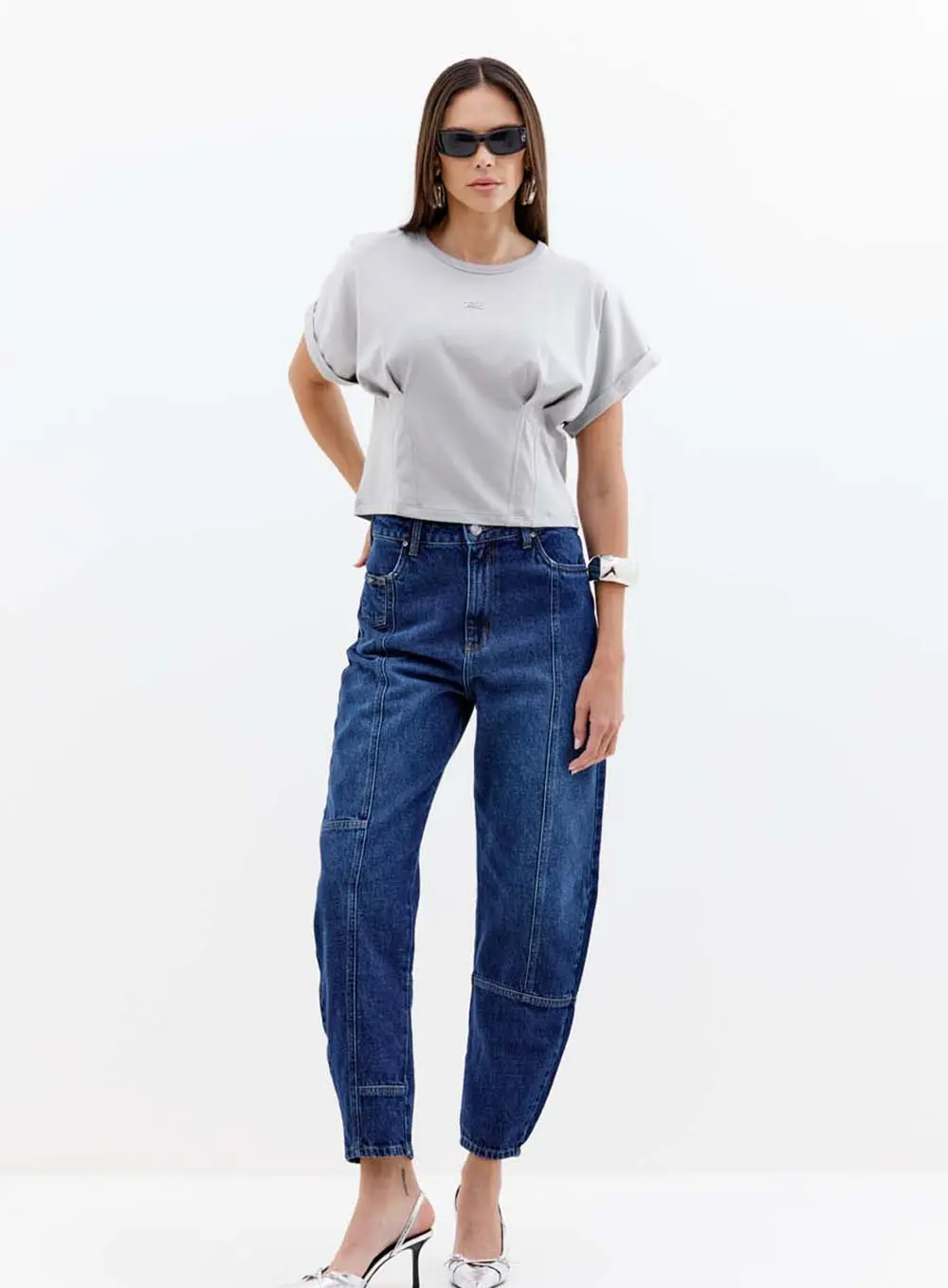 Blusa Feminina Manga Curta Com Pences Cinza Girs 2