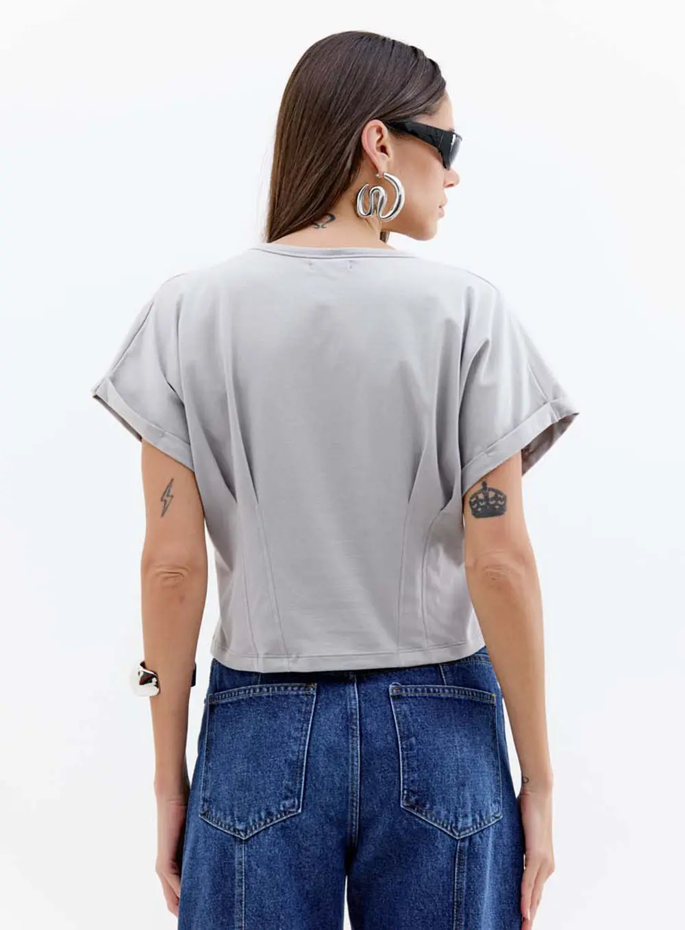 Blusa Feminina Manga Curta Com Pences Cinza Girs 3
