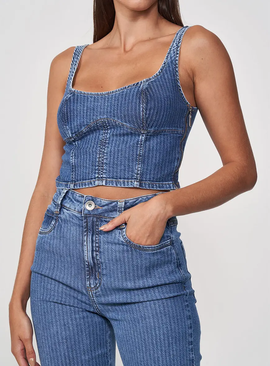 Blusa Feminina Jeans Bustier Com Decote Quadrado