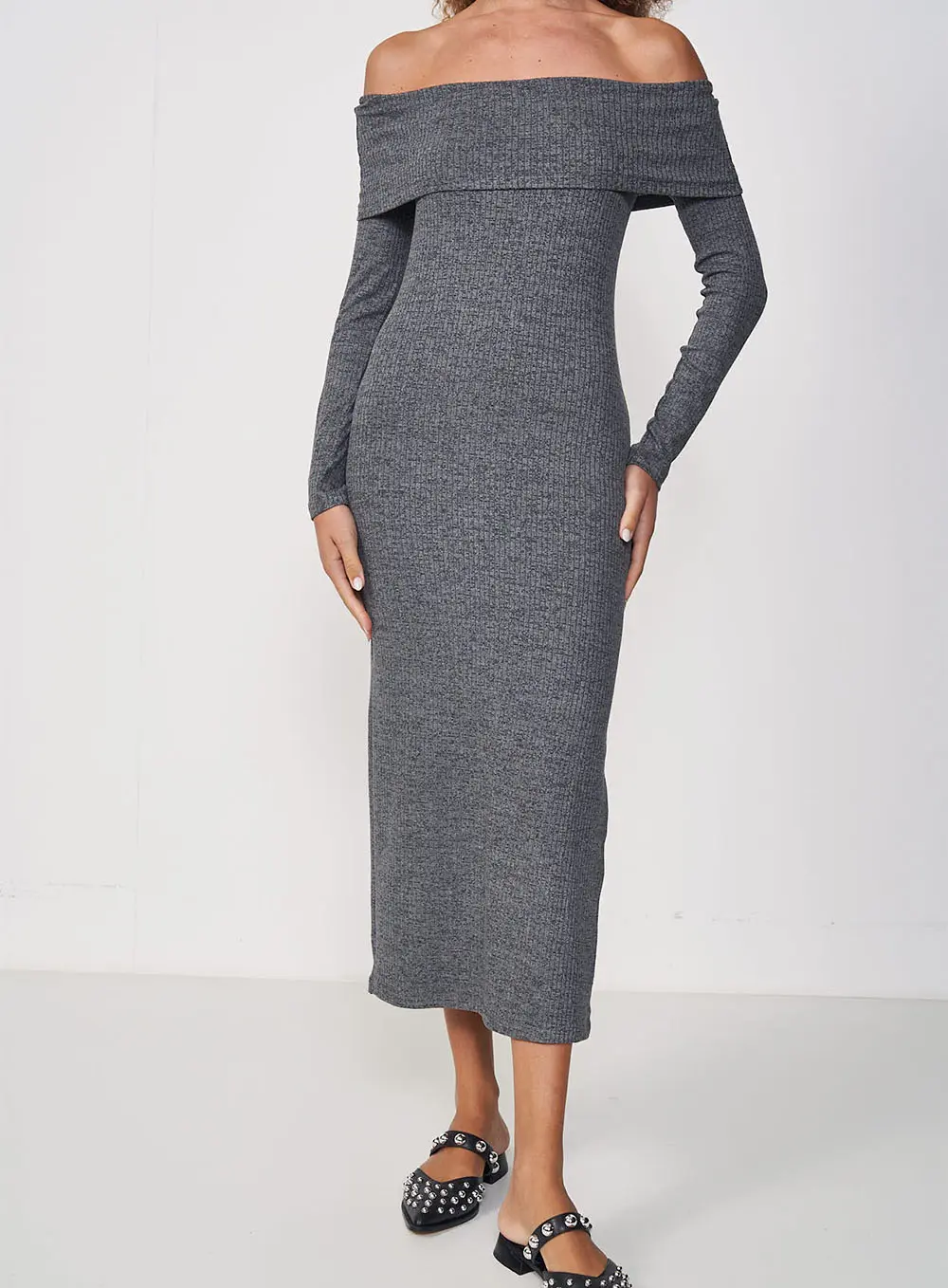 Vestido Midi Ombro A Ombro Cinza Mescla