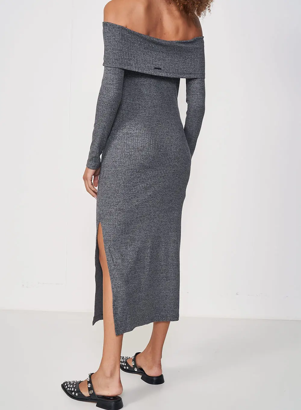 Vestido Midi Ombro A Ombro Cinza Mescla