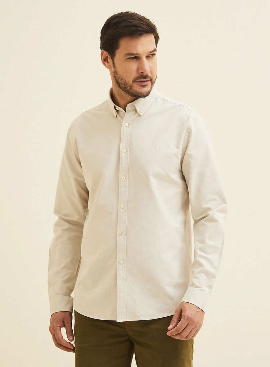 Camisa Masculina Slim Fit Manga Longa Bege