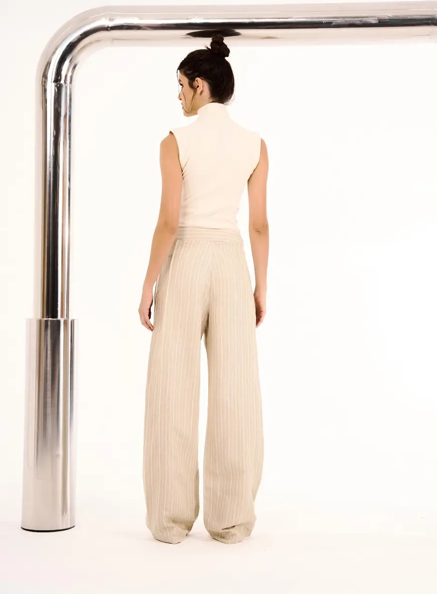 Calça Feminina Alfaiataria Linho Listrada Bege 3
