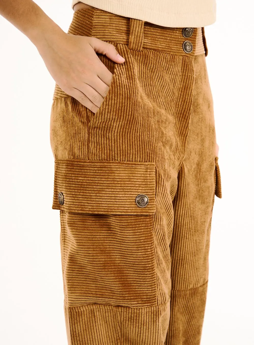 Calça Feminina Cargo Veludo Cotelê Wide Leg Marrom 2