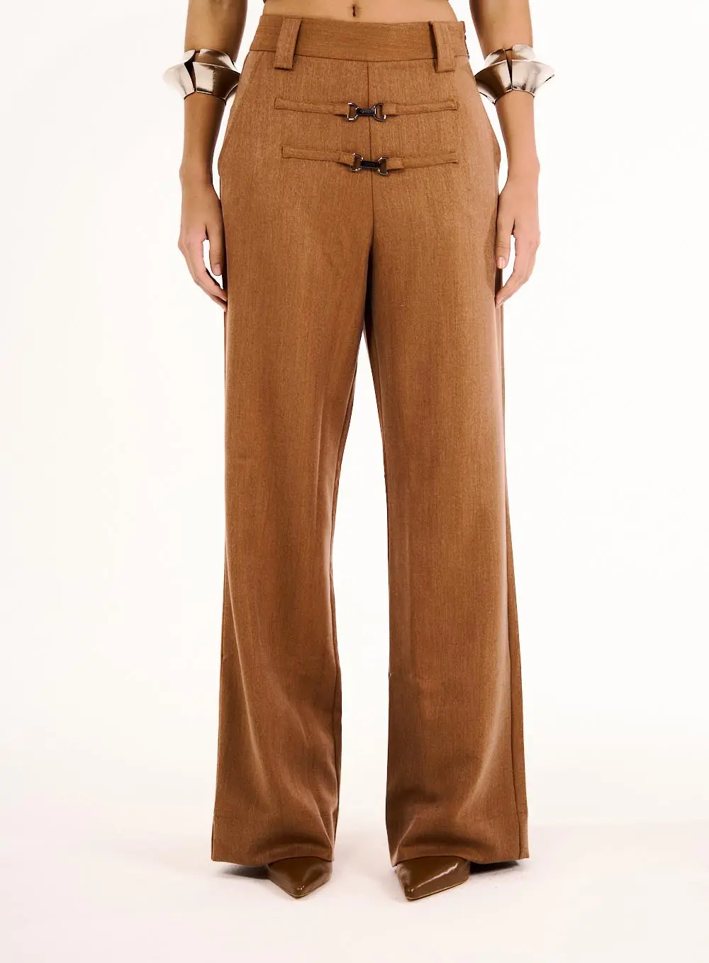 Calça Feminina Alfaiataria Detalhe Cós Marrom 3