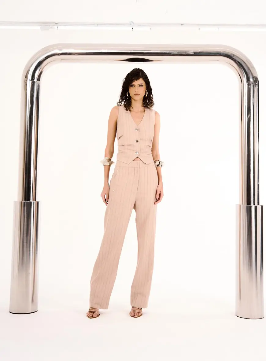 Calça Feminina Alfaiataria Linho Listrada Rosa 1