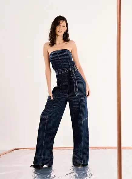 Macacão Denim Pinstripe Cargo