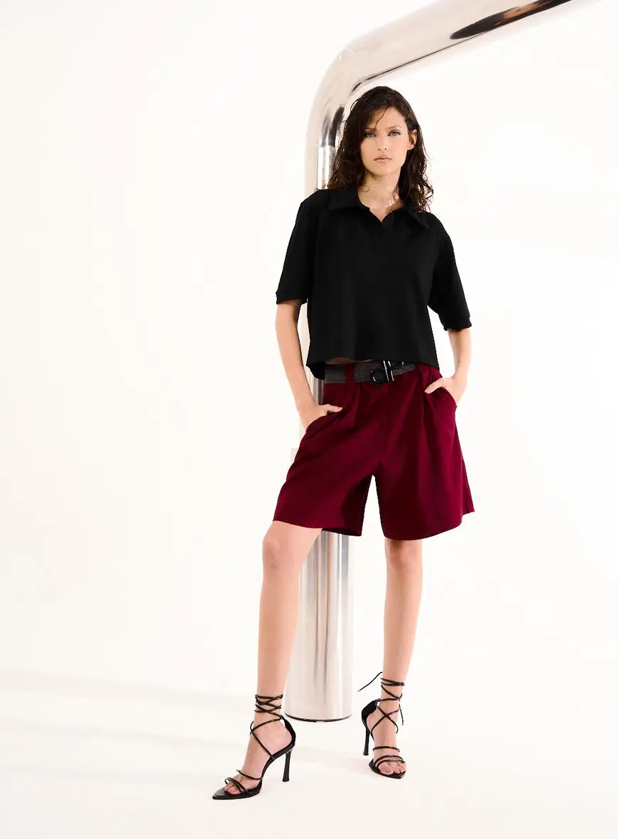 Short Alfaiataria Em Linho Com Cinto Bordo 1