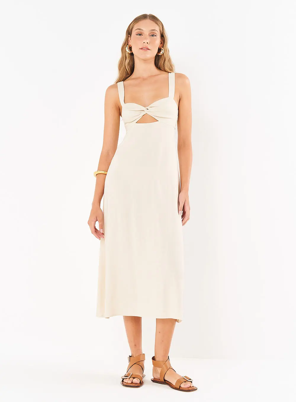 Vestido Midi Reto Com Recorte E Torção Bege