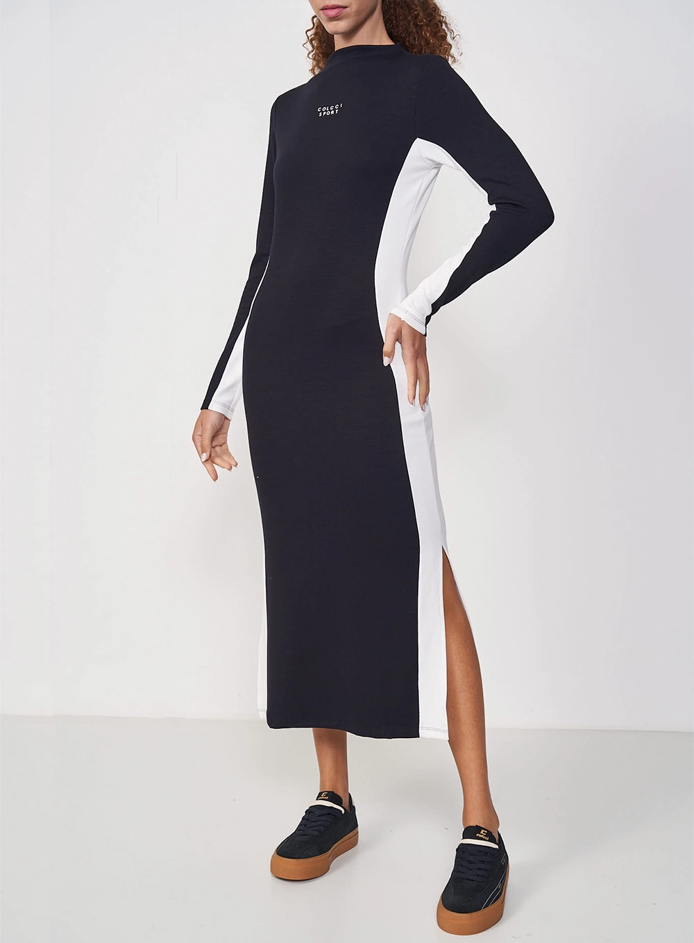 Vestido Slim Manga Longa Duo Colors Preto
