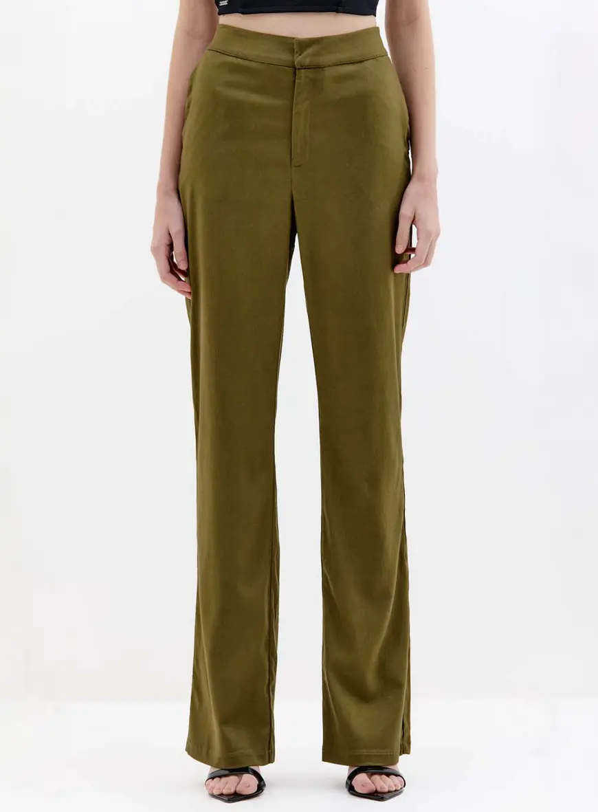 Calça Feminina Alfaiataria Reta Fenda Lateral Verde 1