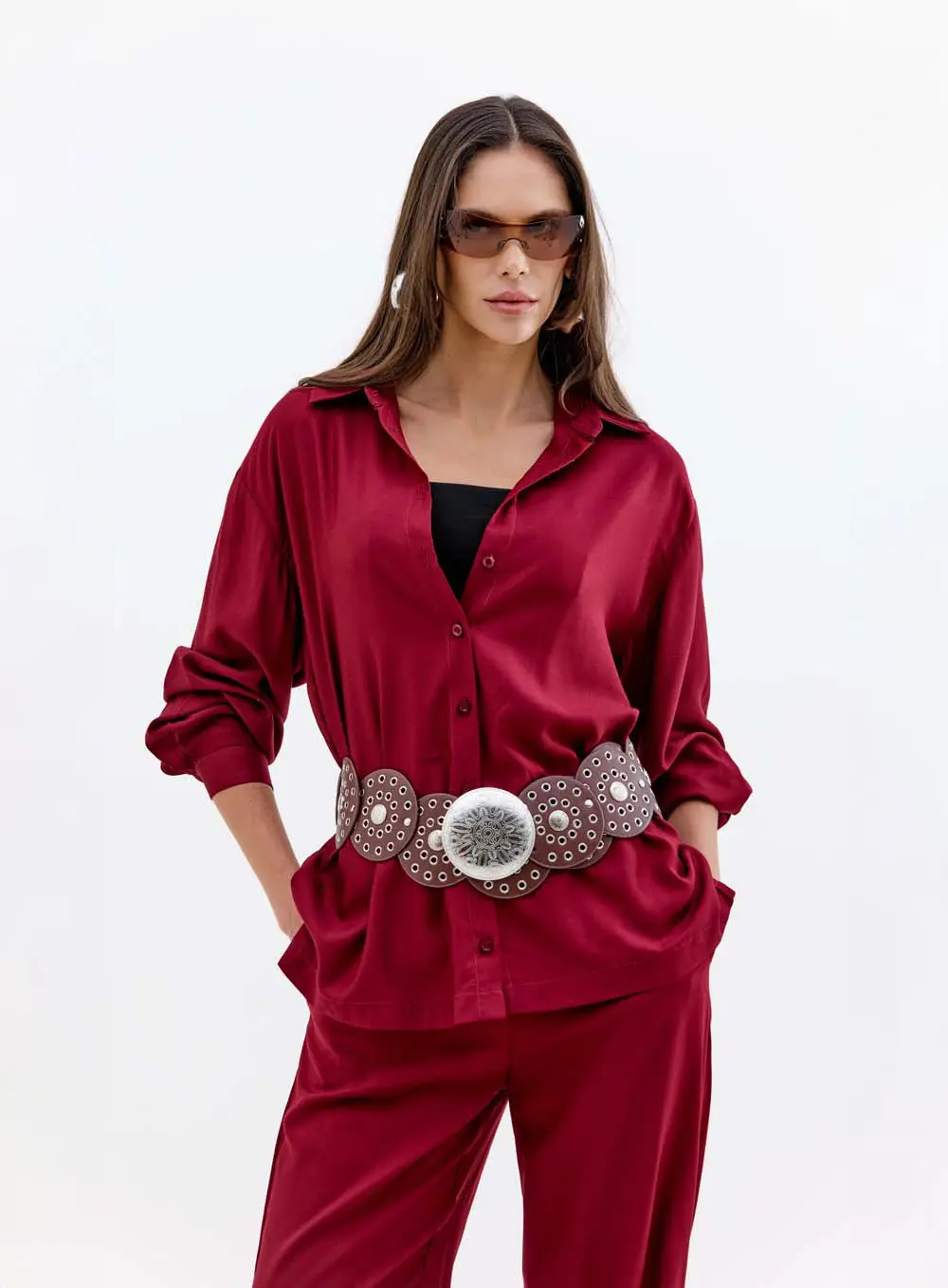 Camisa Feminina Oversized Manga Longa Bordo Veludo 1