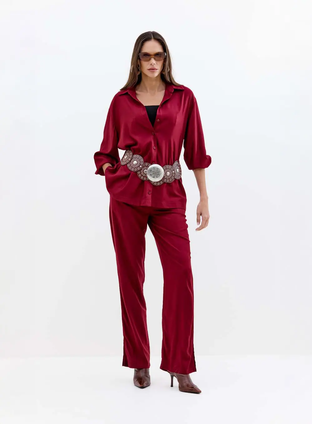 Camisa Feminina Oversized Manga Longa Bordo Veludo 2