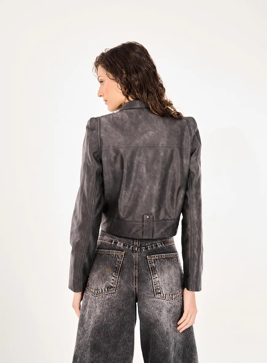 Jaqueta Feminina Cropped Washed Black Cinza 3