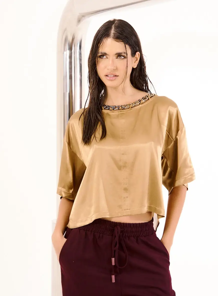 Blusa Feminina Cetim Corrente Rebel Marrom 1
