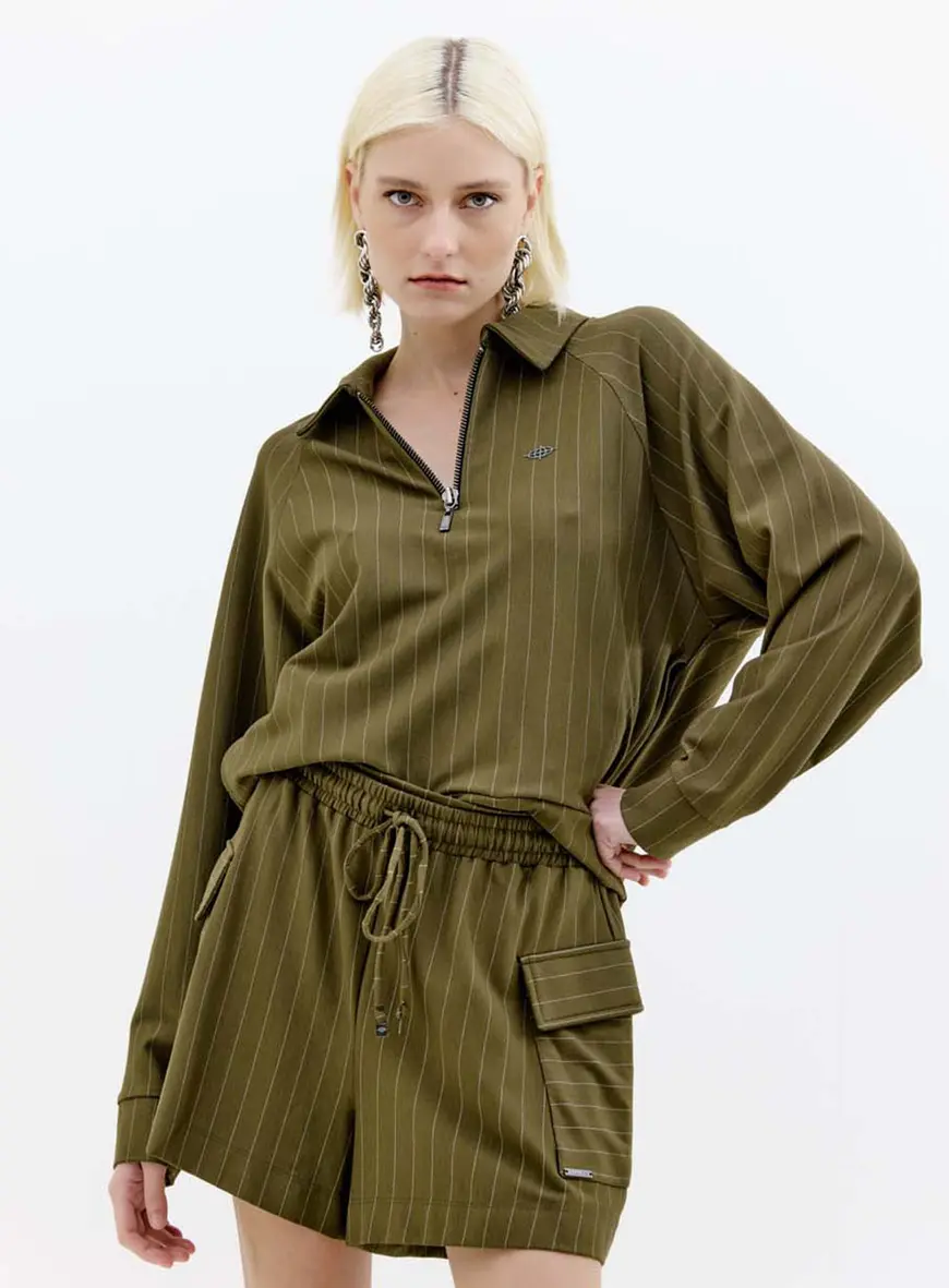 Blusão Feminino Listrado Gola Polo Com Zíper Verde 4