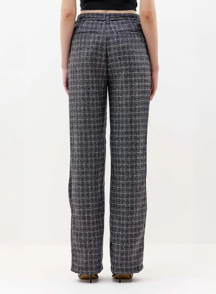 Calça Feminina Alfaiataria Xadrez Com Amarração Cinza 4