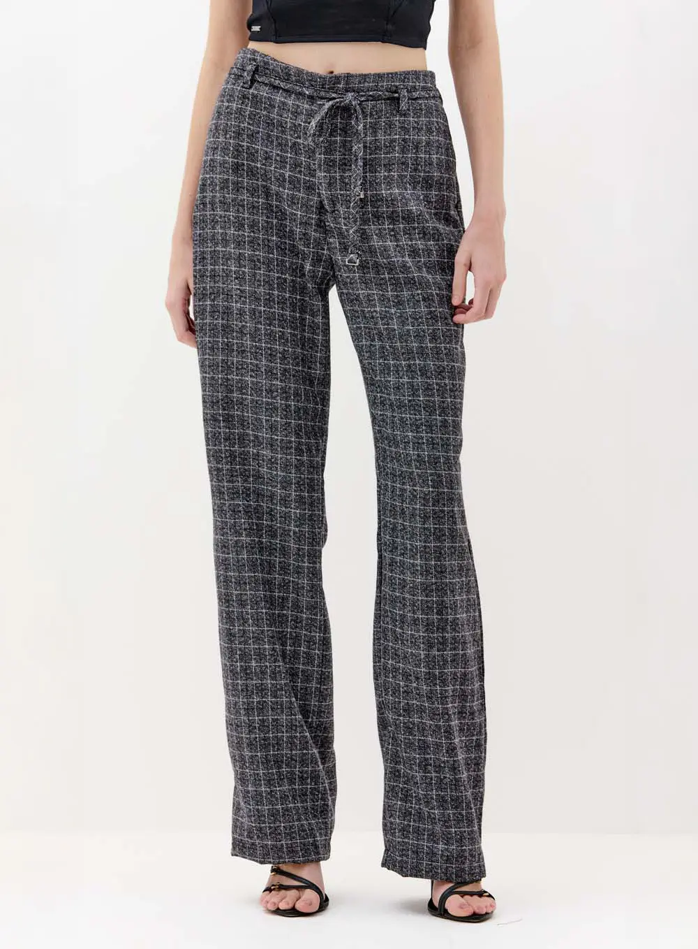 Calça Feminina Alfaiataria Xadrez Com Amarração Cinza 2