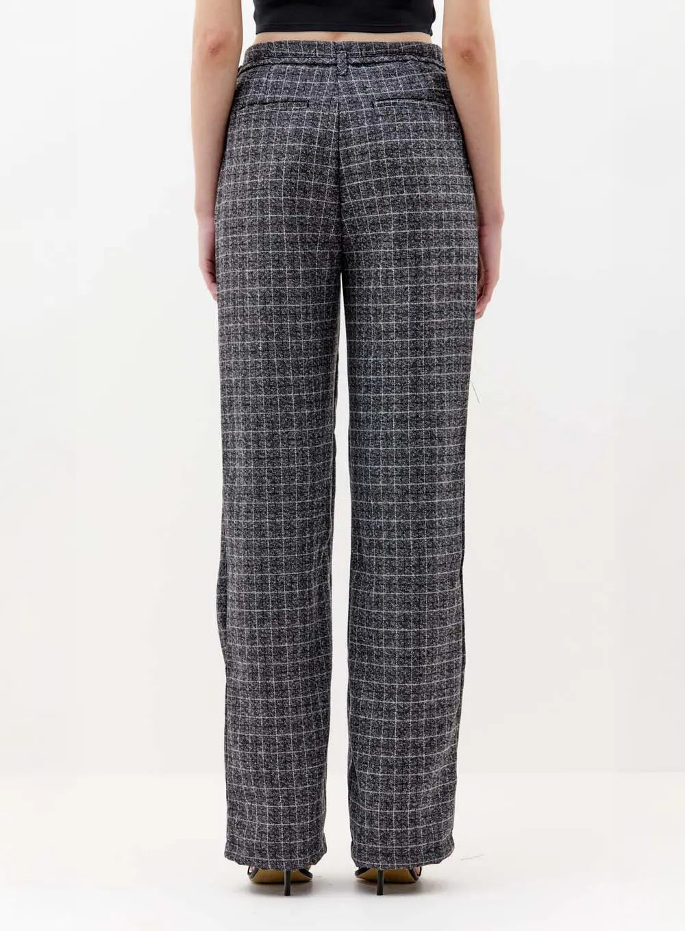 Calça Feminina Alfaiataria Xadrez Com Amarração Cinza 4