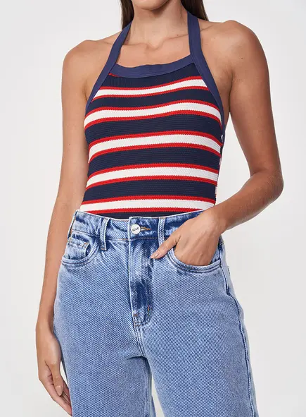 Blusa Feminina Slim Listrada Costas Abertas