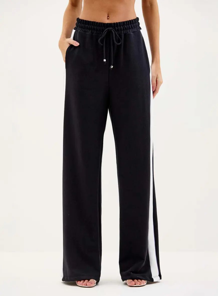 Calça Feminina Reta Contraste E Amarração Preto 2