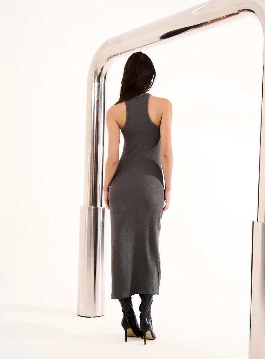 Vestido Canelado Com Fenda Lateral Cinza 3