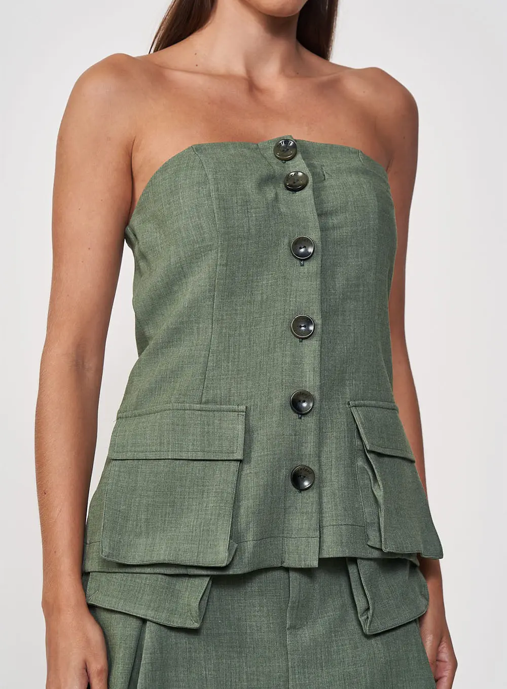 Blusa Reta Ajustada Sem Mangas E Bolsos Frontais Verde