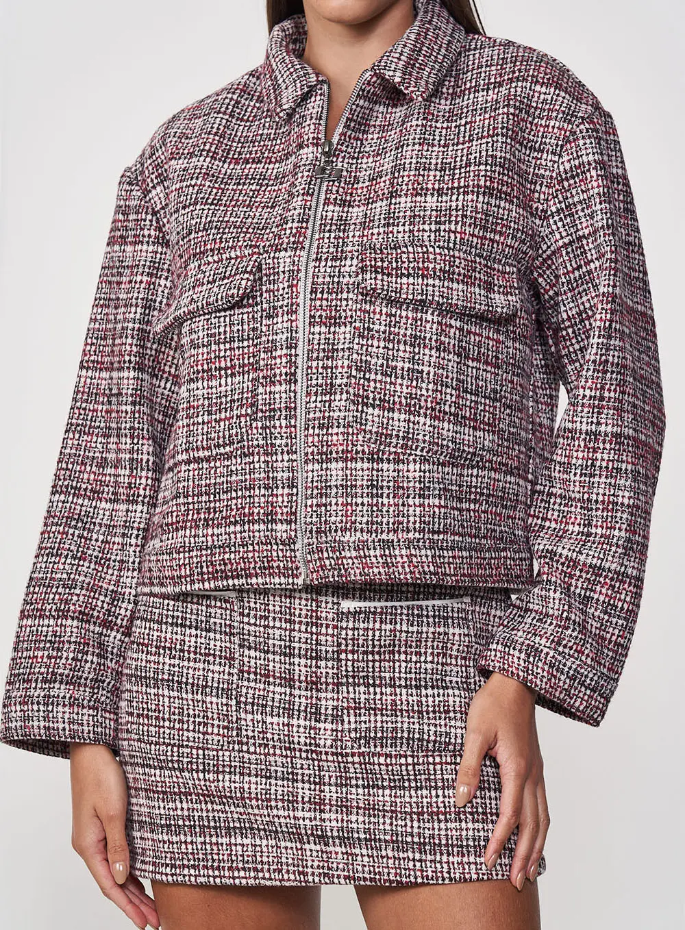 Casaco Feminino Tweed Amplo Com Bolsos Frontais Estampados