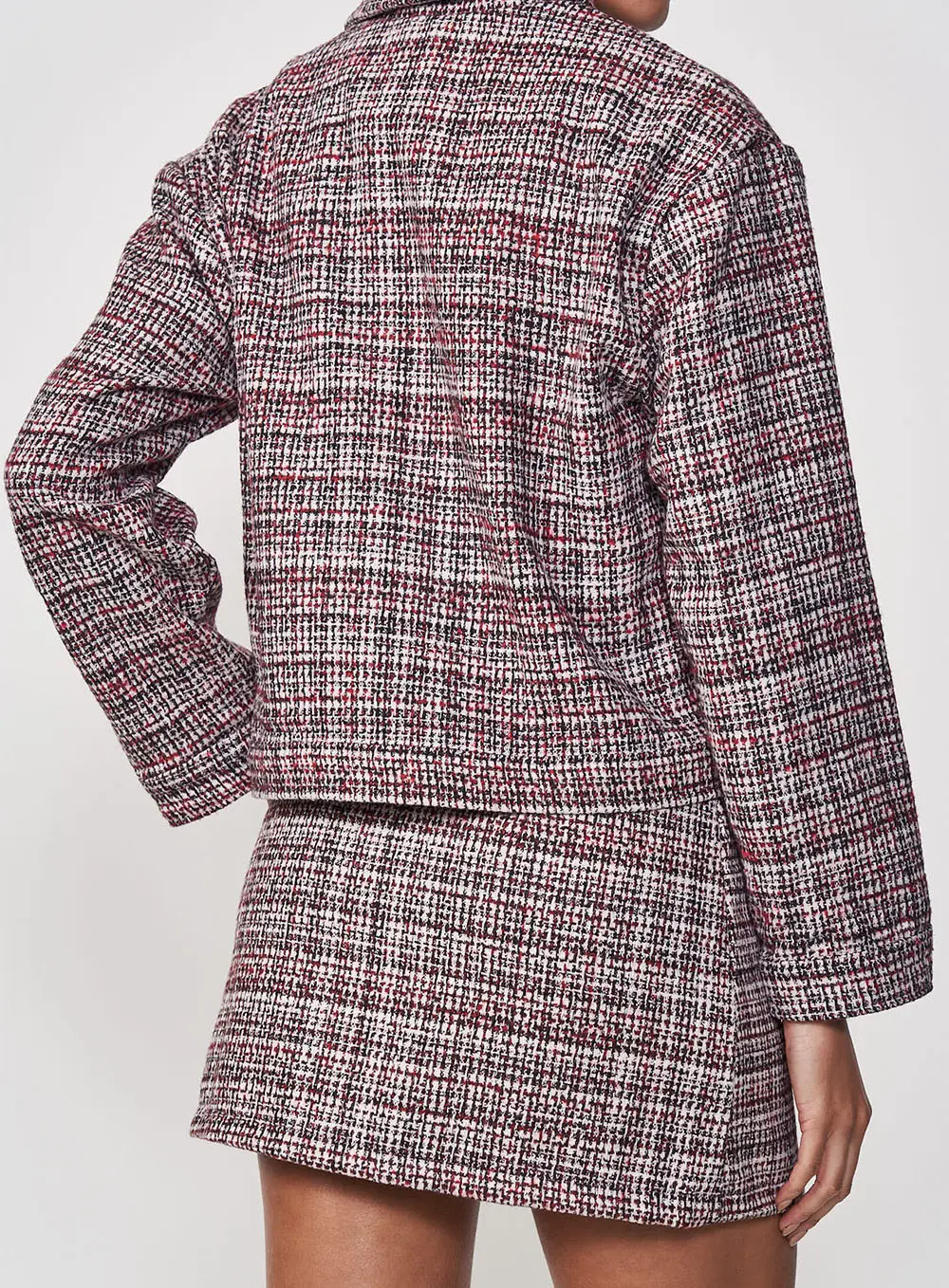 Casaco Feminino Tweed Amplo Com Bolsos Frontais Estampados