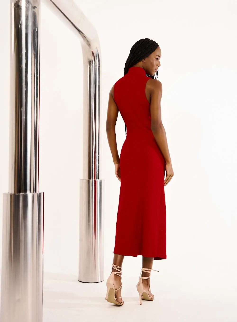 Vestido Canelado Com Fenda Frontal Vermelho 3