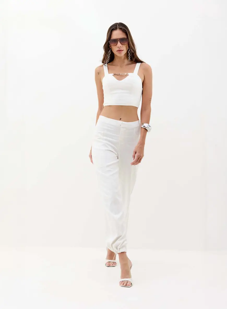 Calça Feminina Jogging Linho Barra Ajustável Off 3