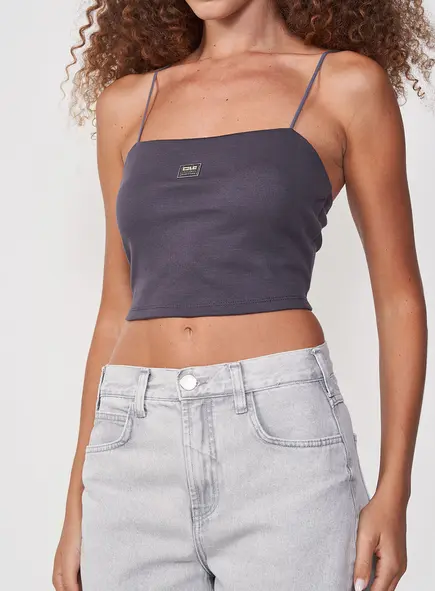 Top Slim Canelado Alças Finas E Logo