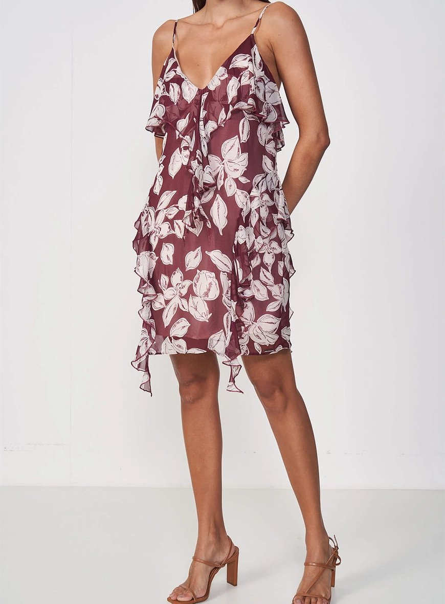 Vestido Fluído Estampado Com Babados