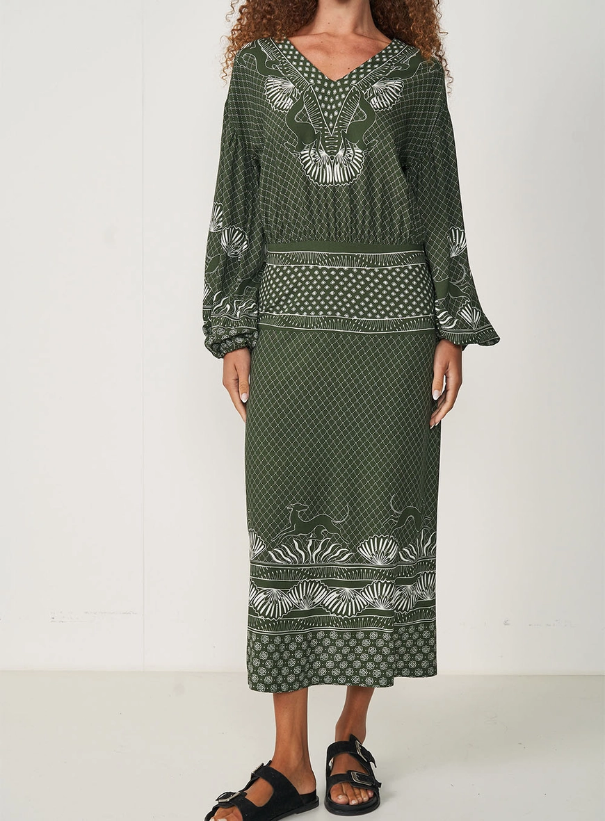 Vestido Estampado Midi Acinturado Mangas Bufantes
