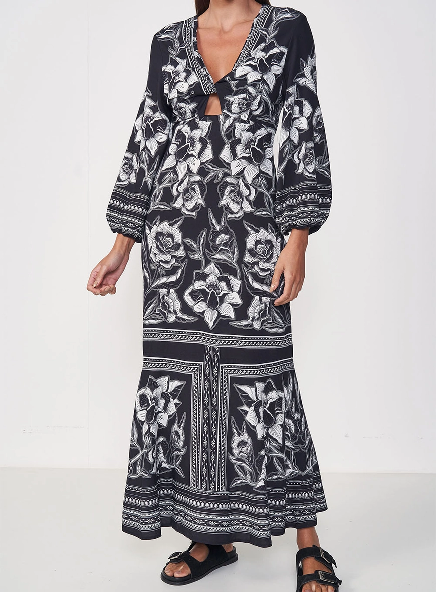 Vestido Estampado Longo Mangas Bufantes
